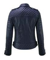 Women Biker Leather Jacket Dark Blue freeshipping - SkinOutfit